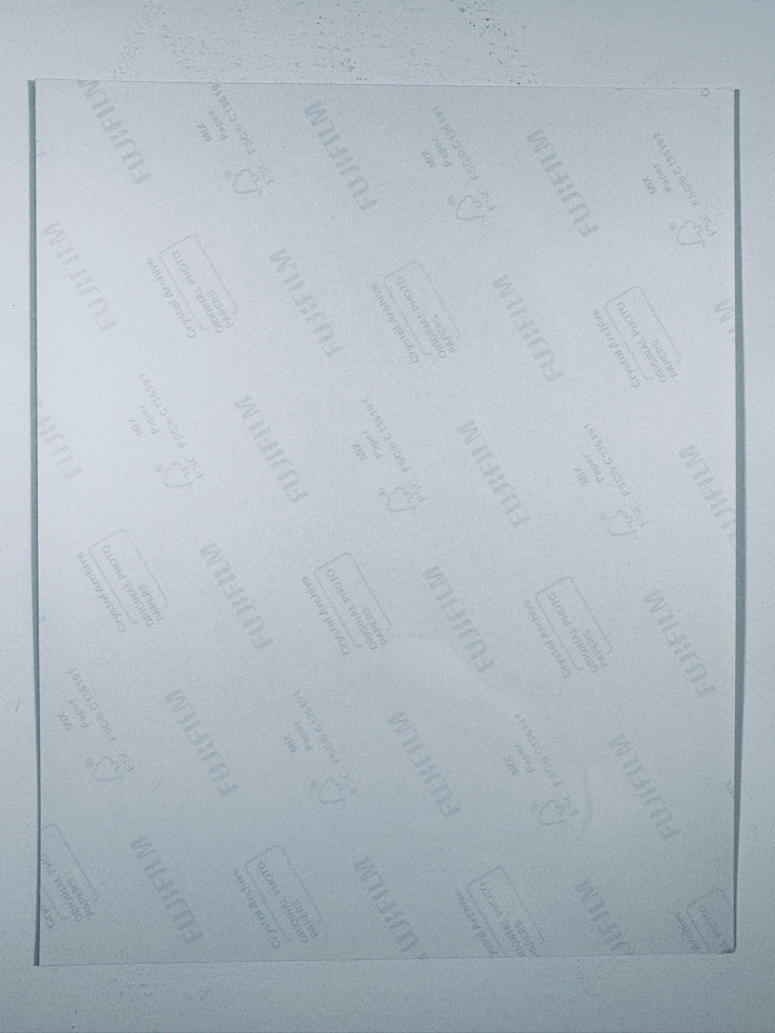 The plain white reverse side representing the back physical condition of the photograph print, showing translucent Fujifilm crystal archive paper watermarks and logos.