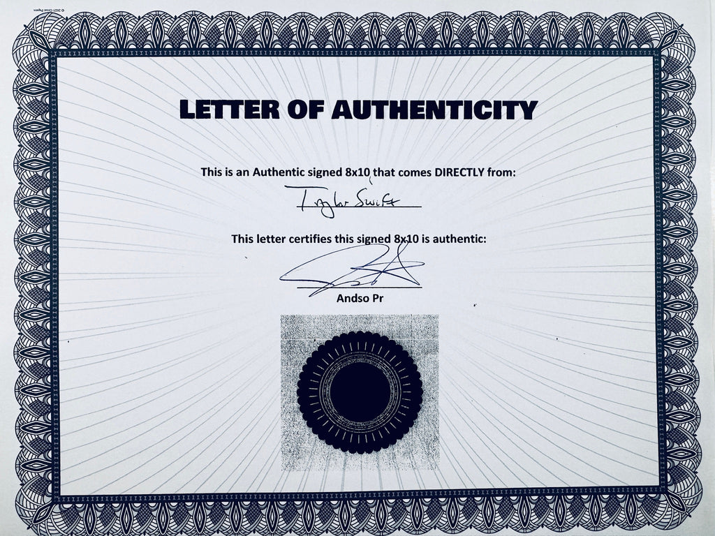 A Letter of Authenticity with a decorative blue-patterned border, certifying an authentic signed 8x10 coming directly from Taylor Swift, featuring a dark circular seal graphic at the bottom.