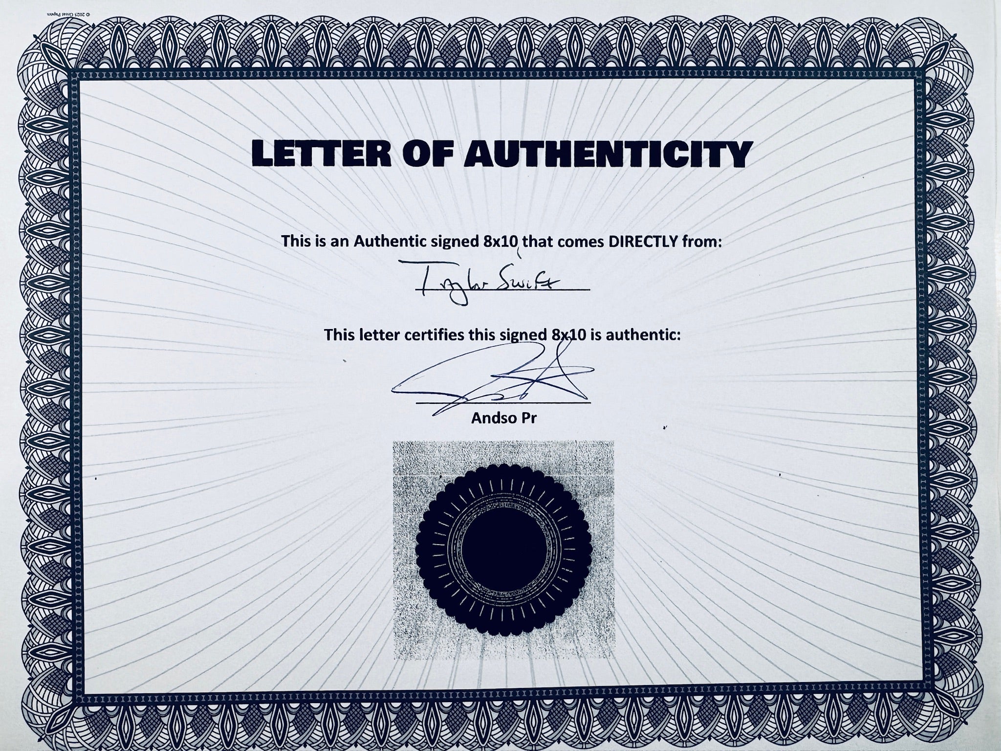 A Letter of Authenticity with a decorative blue-patterned border, certifying an authentic signed 8x10 coming directly from Taylor Swift, featuring a dark circular seal graphic at the bottom.
