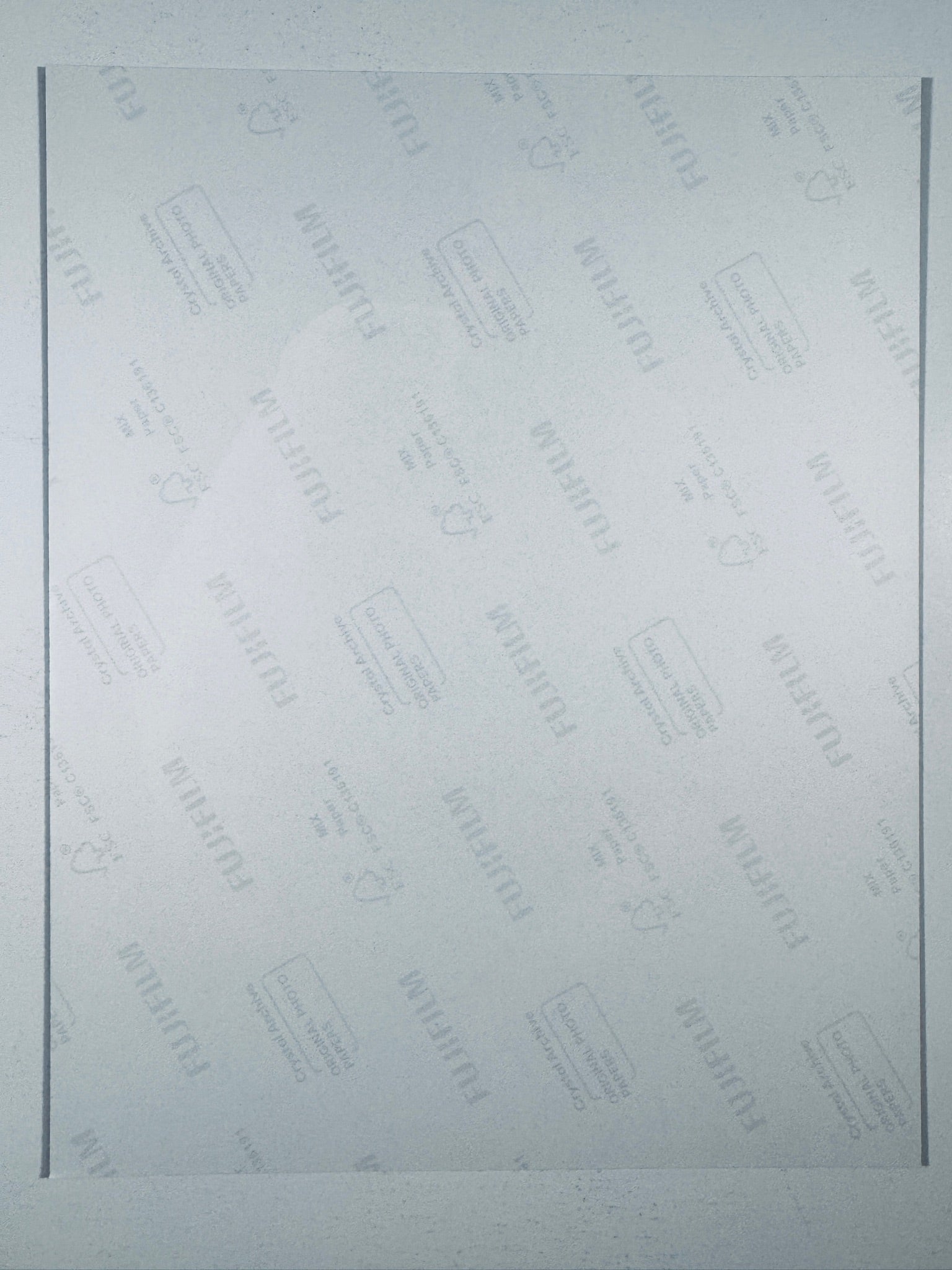 The plain white reverse side representing the back physical condition of the photograph print, showing translucent Fujifilm crystal archive paper watermarks and logos.