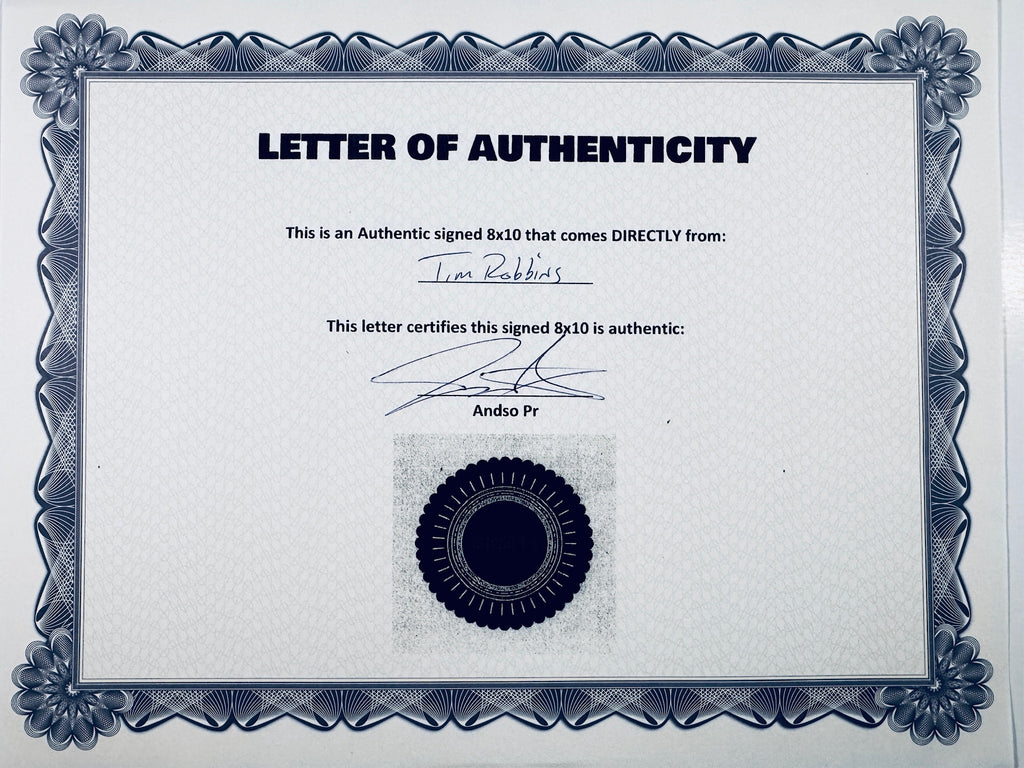 A Letter of Authenticity with a decorative blue-patterned border, certifying an authentic signed 8x10 coming directly from Tim Robbins, featuring a dark circular seal graphic at the bottom.
