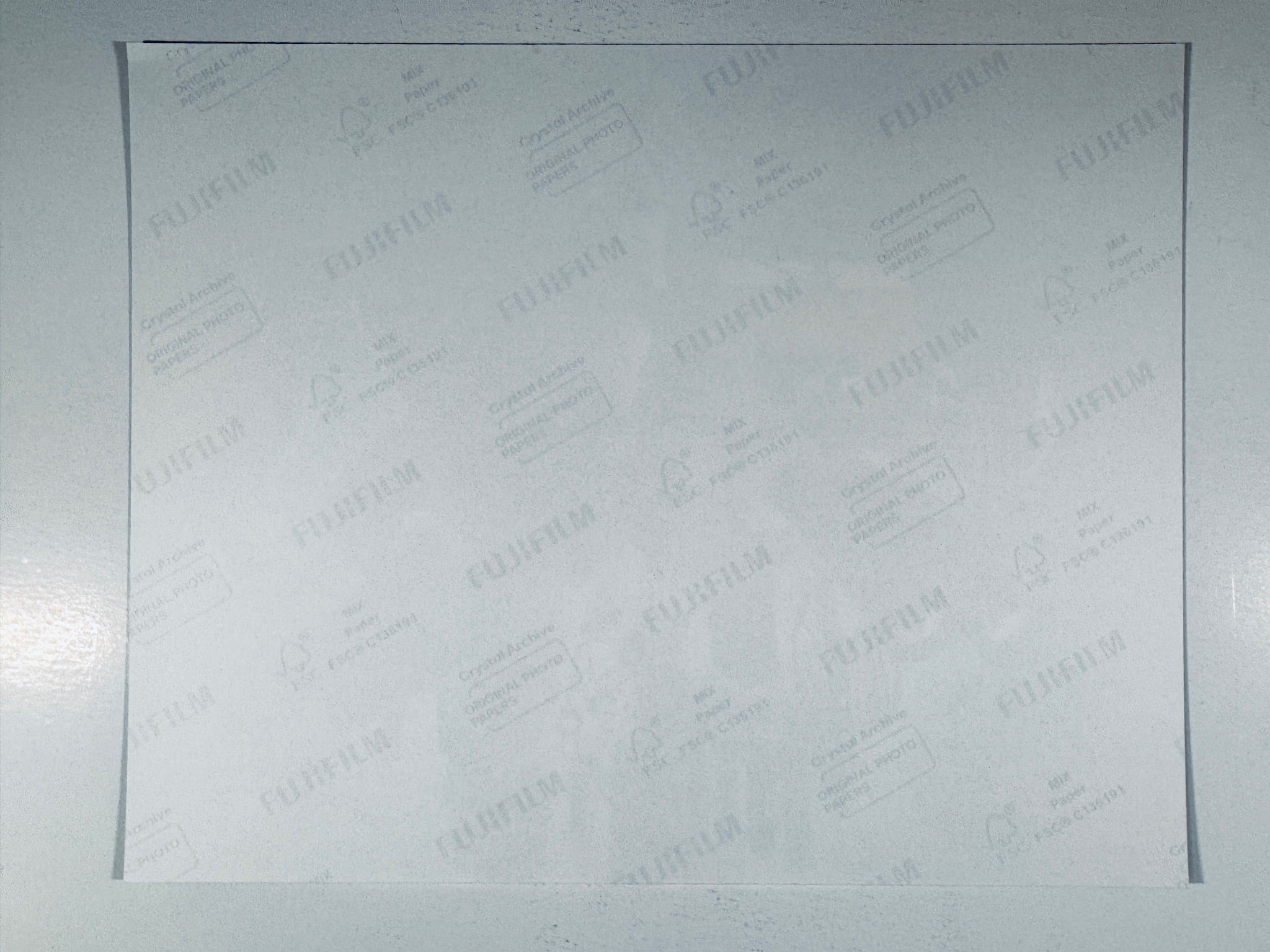 The plain white reverse side representing the back physical condition of the photograph print, showing translucent Fujifilm crystal archive paper watermarks and logos.