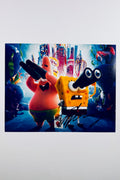 A vibrant animated scene of SpongeBob SquarePants and Patrick Star looking through binoculars underwater against a brightly lit city skyline background, featuring a bold black marker signature across the lower right foreground.