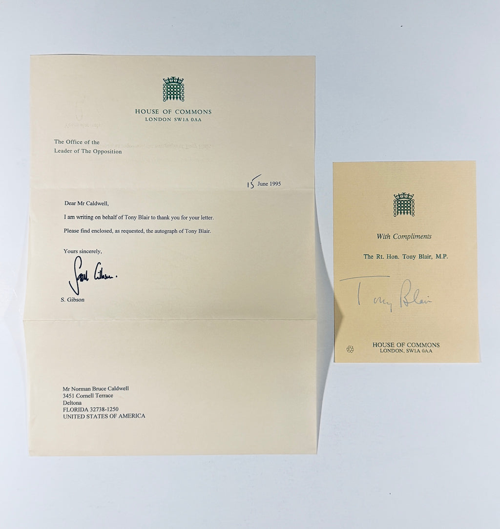 Tony Blair autographed House of Commons compliments slip alongside the 1995 official transmittal letter.