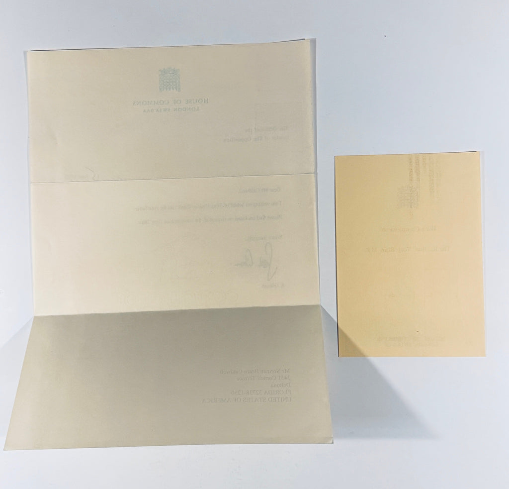 Back side of the House of Commons compliments slip and transmittal letter.