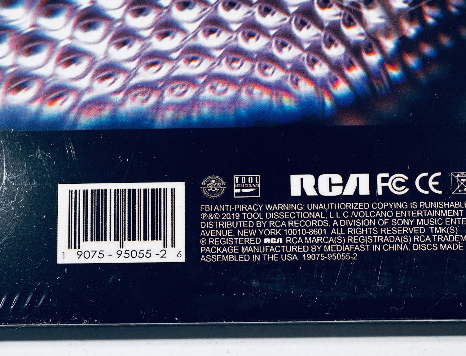 Close-up of the barcode and label info on the back cover of the unofficial gold vinyl release of Tool's Fear Inoculum.