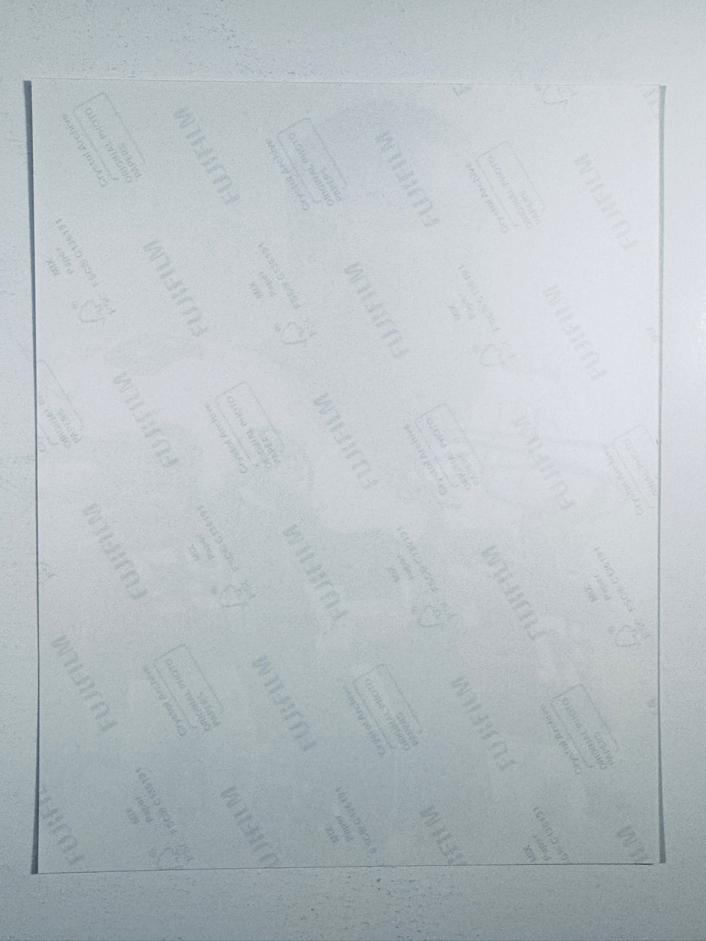 The plain white reverse side representing the back physical condition of the photograph print, showing translucent Fujifilm crystal archive paper watermarks and logos.