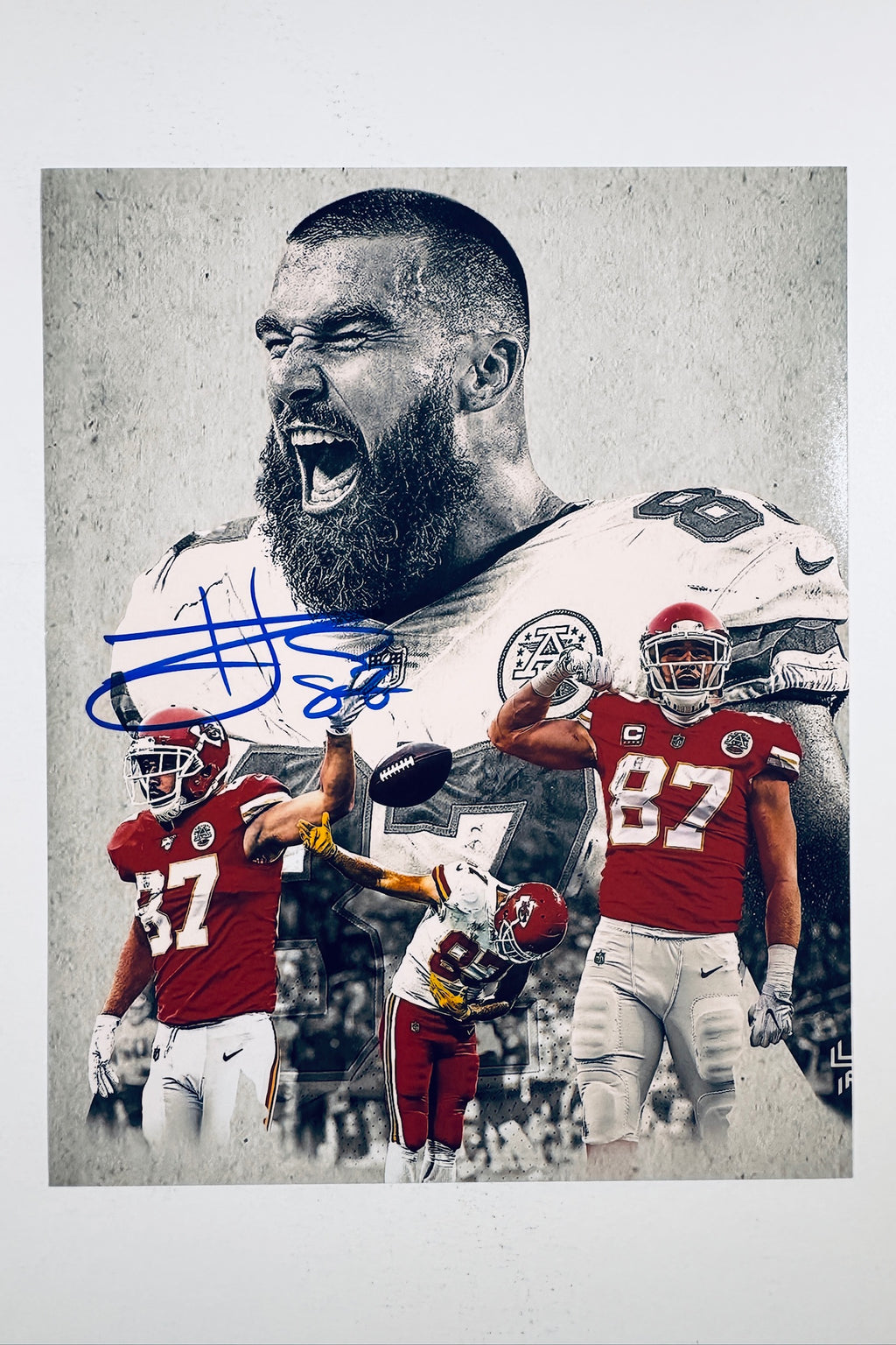A dynamic collage portrait of Travis Kelce in his Kansas City Chiefs red jersey and helmet with multiple action poses and a large shouting expression, featuring a blue marker signature across the center.