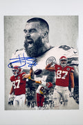 A dynamic collage portrait of Travis Kelce in his Kansas City Chiefs red jersey and helmet with multiple action poses and a large shouting expression, featuring a blue marker signature across the center.