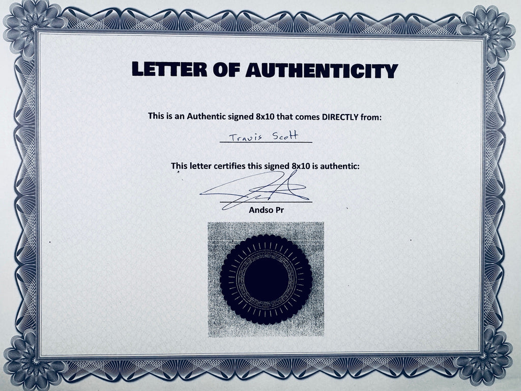 A Letter of Authenticity with a decorative blue-patterned border, certifying an authentic signed 8x10 coming directly from Travis Scott, featuring a dark circular seal graphic at the bottom.