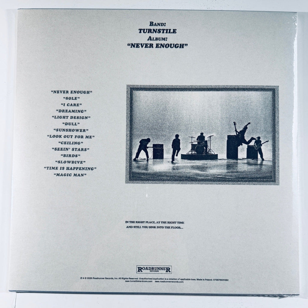 Back cover showing the tracklist, band silhouette photo, and Roadrunner Records branding for the Turnstile Never Enough vinyl record.