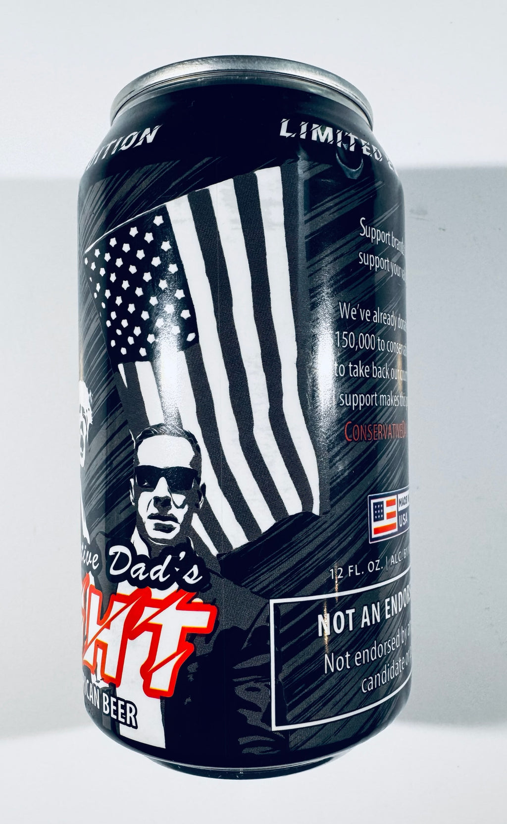 Side view of Conservative Dad's Fight beer can featuring American flag graphic and brand message.