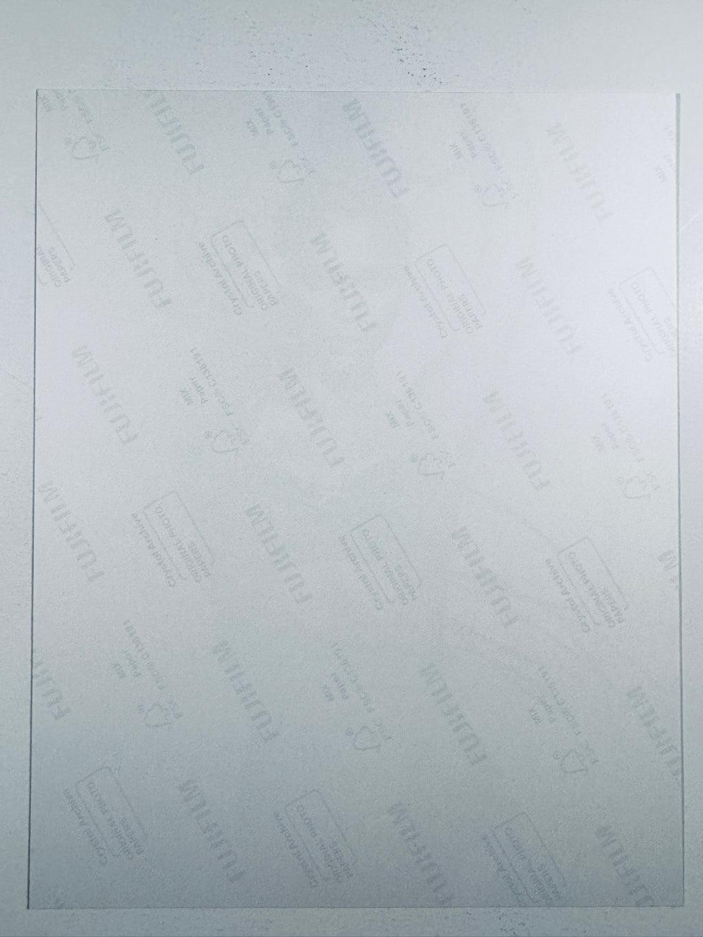 The plain white reverse side representing the back physical condition of the photograph print, showing translucent Fujifilm crystal archive paper watermarks and logos.