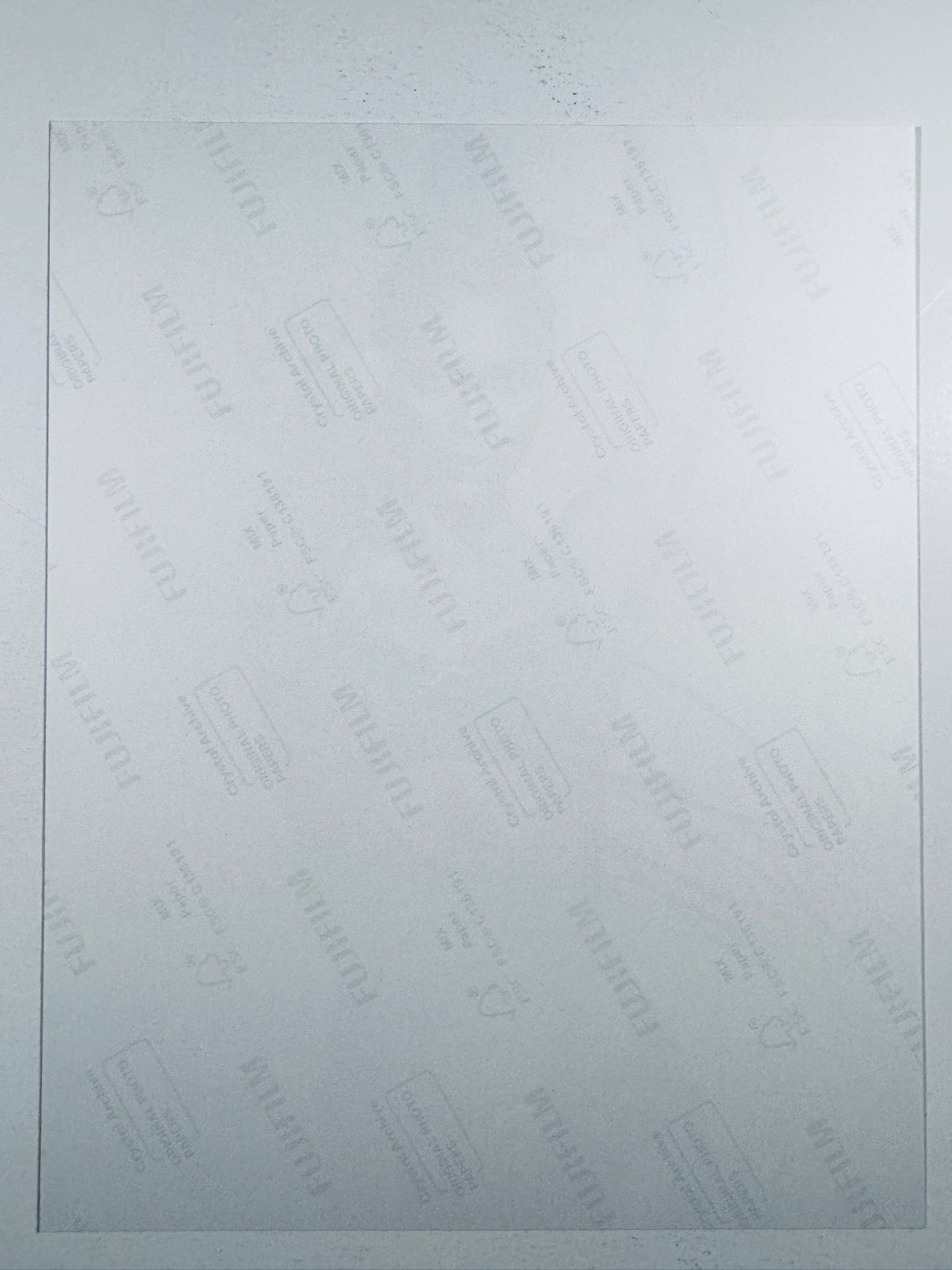 The plain white reverse side representing the back physical condition of the photograph print, showing translucent Fujifilm crystal archive paper watermarks and logos.