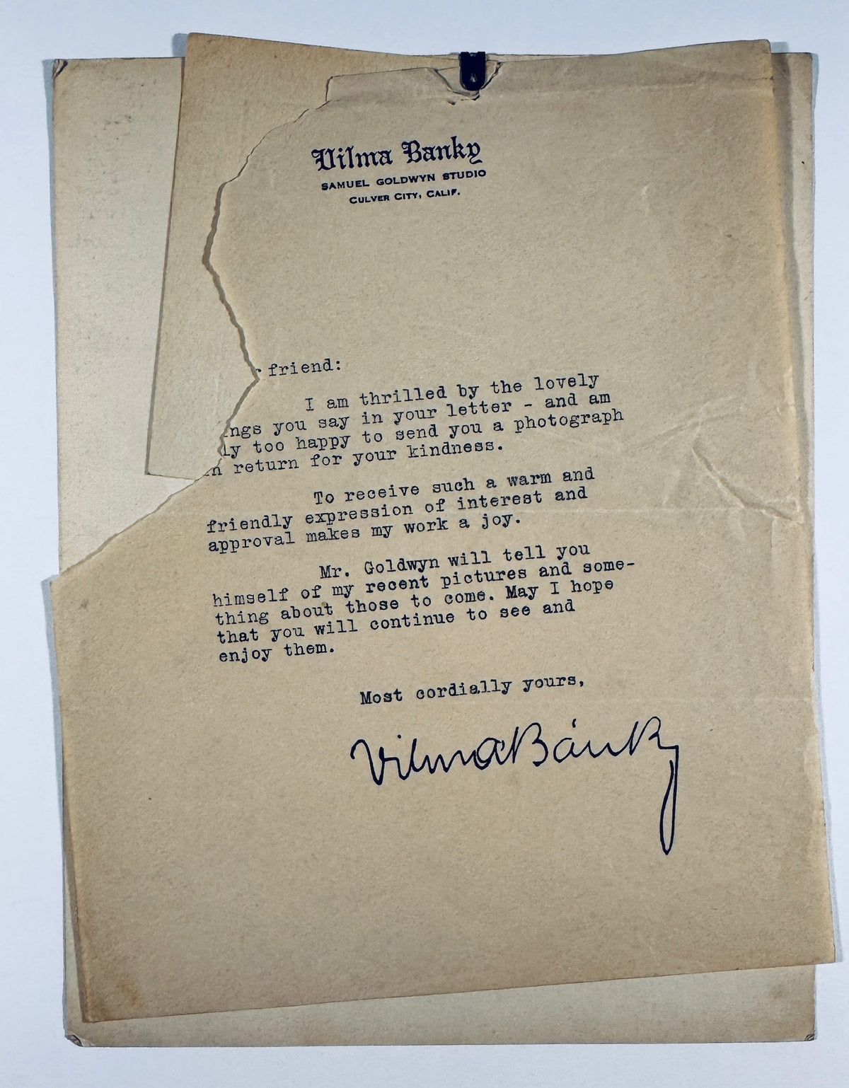 Typed fan letter on Samuel Goldwyn Studio letterhead hand-signed in vintage ink by Vilma Bánky.