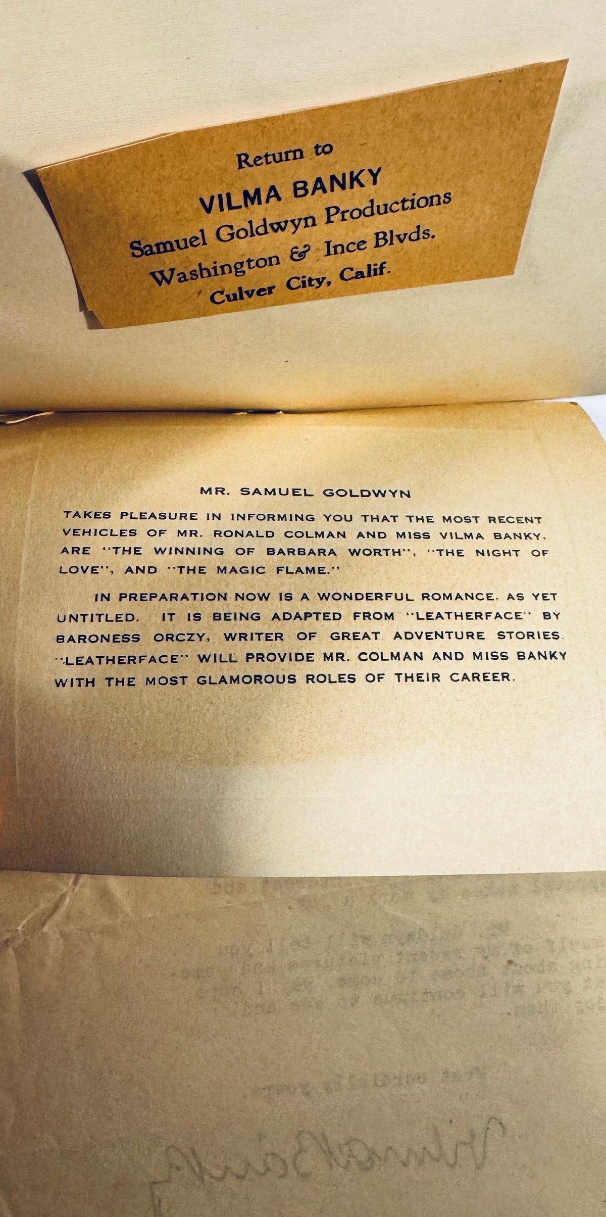 Printed Samuel Goldwyn Productions studio promotional insert sheet and return address label for Vilma Bánky.