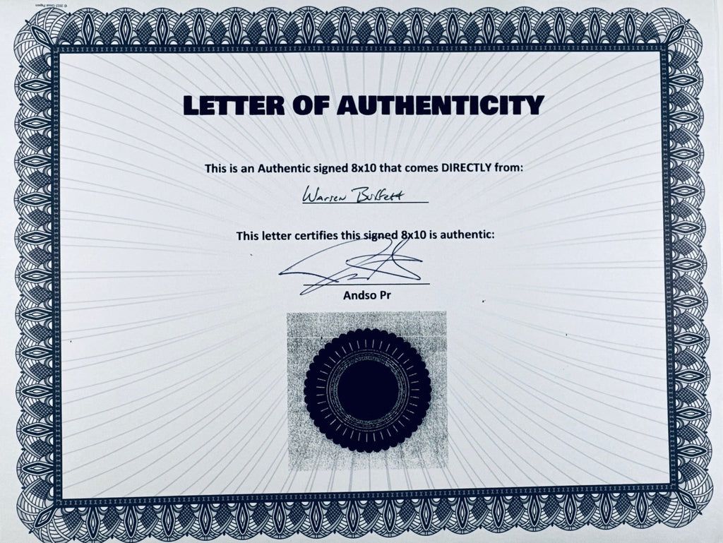 Authenticity document for the Warren Buffett hand-signed photograph.