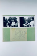 Full view of vintage 1967 green scrapbook page featuring an autographed Wayne Newton card and two candid black and white photos.