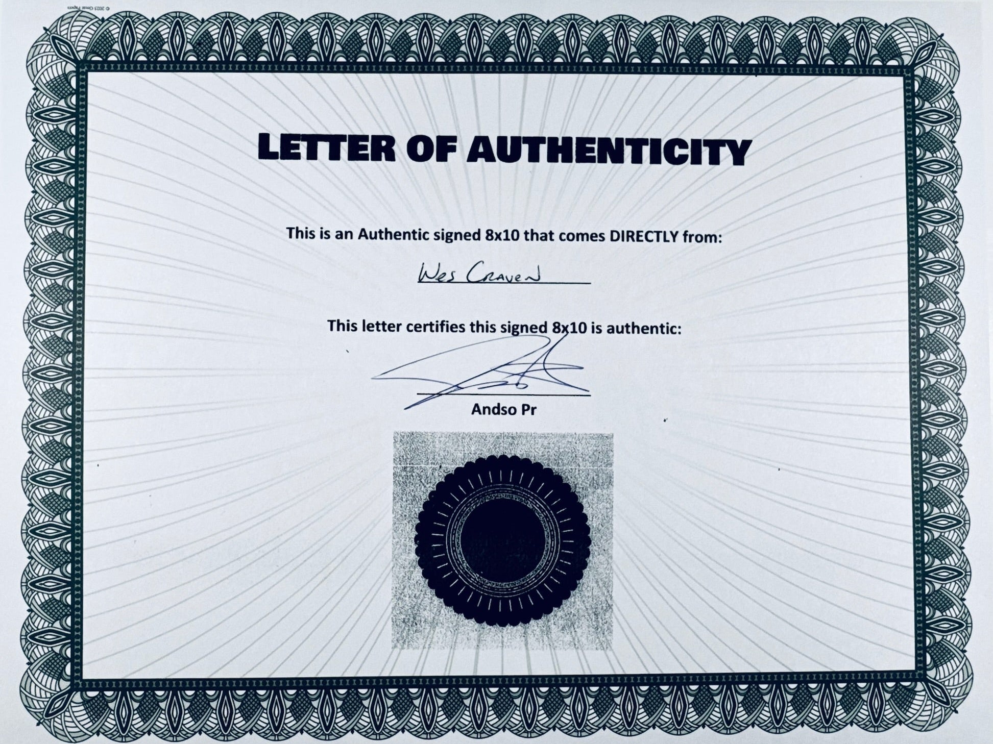 Authenticity document for the Wes Craven hand-signed photograph.