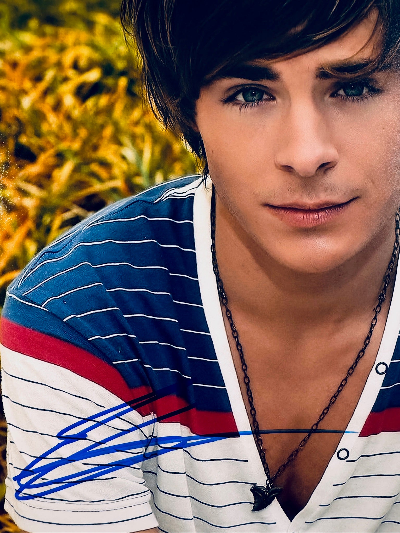 Close-up view of Zac Efron's signature in blue marker across the striped shirt of the portrait photo.