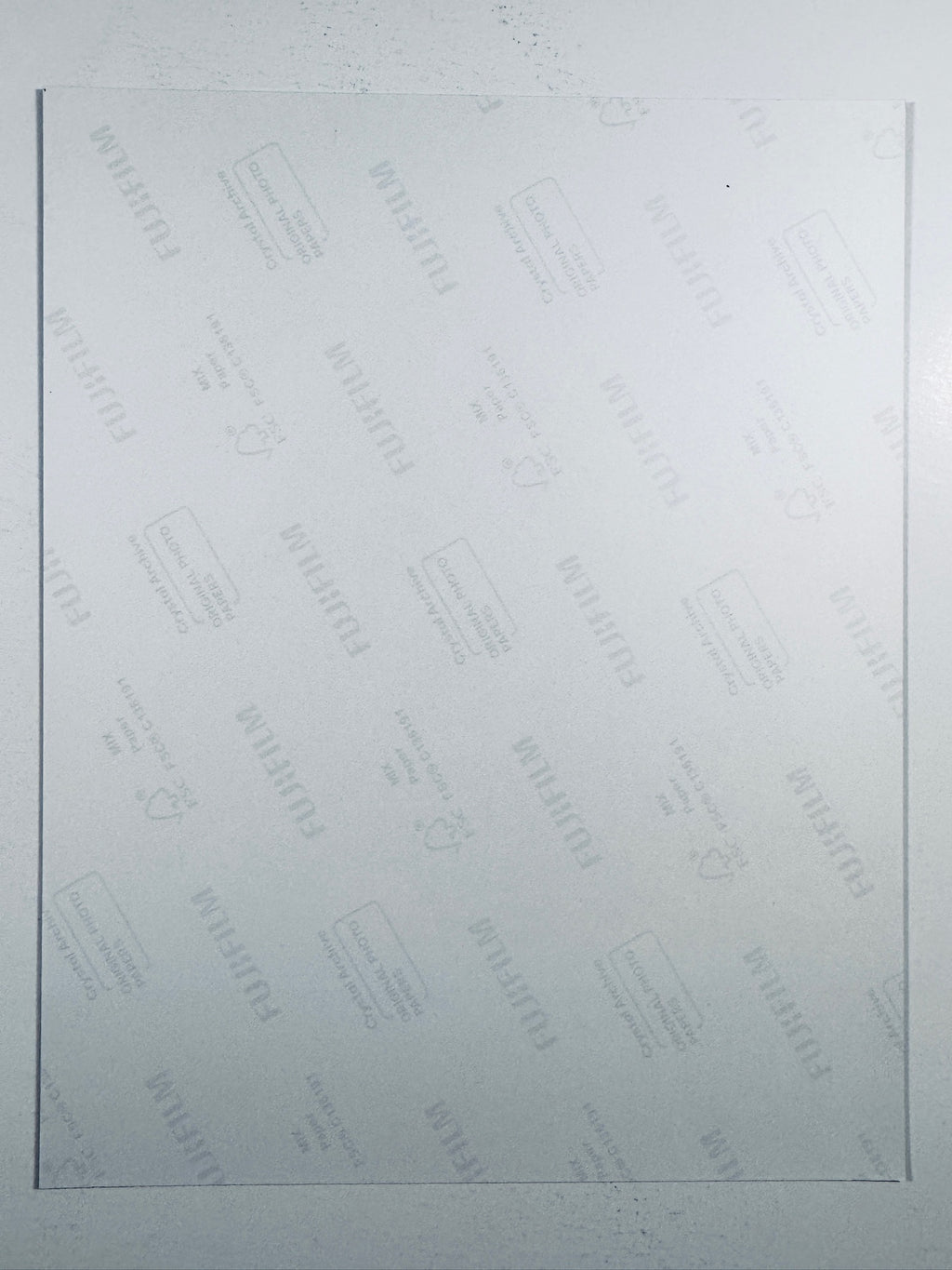 The plain white reverse side representing the back physical condition of the photograph print, showing translucent Fujifilm crystal archive paper watermarks and logos.